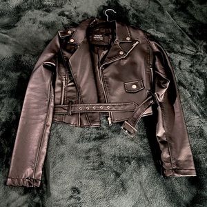 Black leather belted jacket